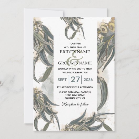 Invitation Aquarelle Eucalyptus Feuille Mariage vert (Devant)
