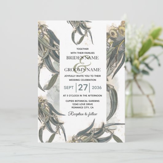 Invitation Aquarelle Eucalyptus Feuille Mariage vert (Debout devant)