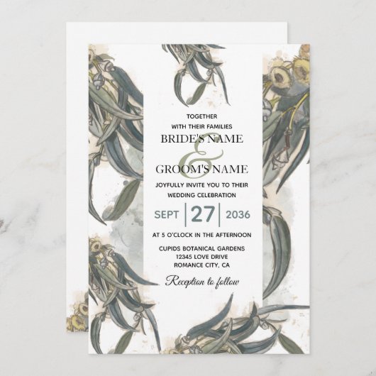 Invitation Aquarelle Eucalyptus Feuille Mariage vert (Devant / Derrière)