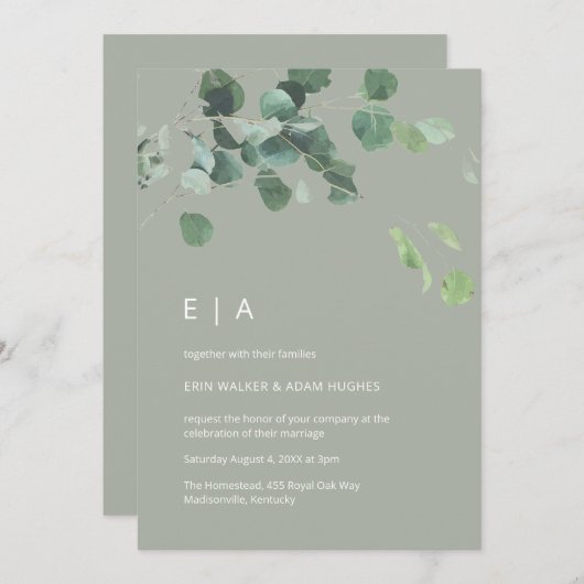 Invitation Aquarelle eucalyptus feuille moderne mariage vert (Devant / Derrière)