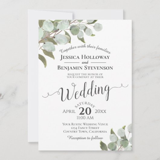 Invitation Aquarelle Eucalyptus Foliage Rustique Boho Mariage (Devant)