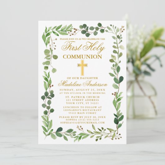 Invitation Aquarelle Eucalyptus Frame Gold Première communion (Debout devant)