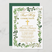 Invitation Aquarelle Eucalyptus Frame Gold Première communion (Devant / Derrière)