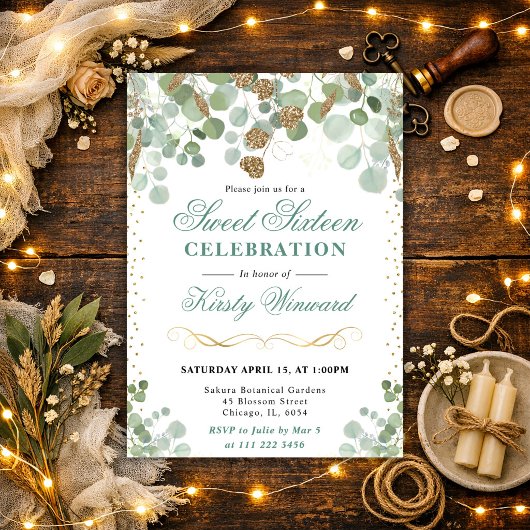Invitation Aquarelle Eucalyptus Gold Parties scintillant Swee
