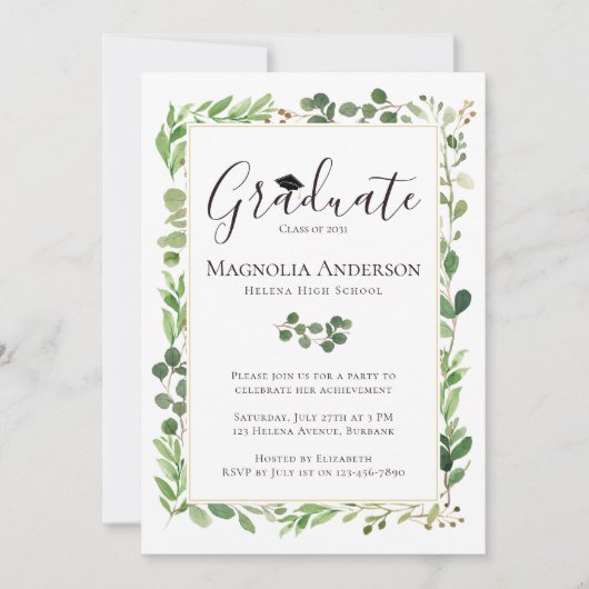 Invitation Aquarelle Eucalyptus Graduation Party (Devant)
