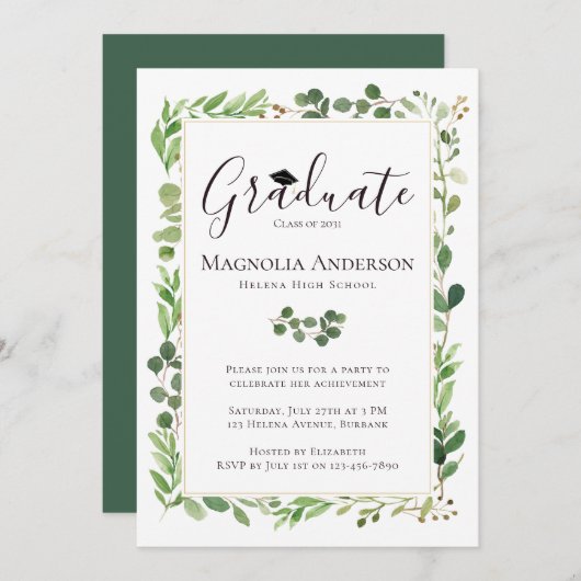 Invitation Aquarelle Eucalyptus Graduation Party (Devant / Derrière)
