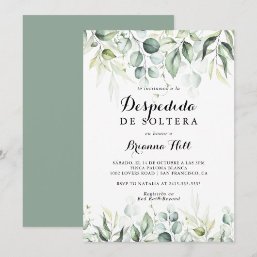Invitation Aquarelle Eucalyptus Green Fête des mariées espagn (Devant / Derrière)