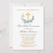 Invitation Aquarelle Eucalyptus Green Gold Première communion (Devant)