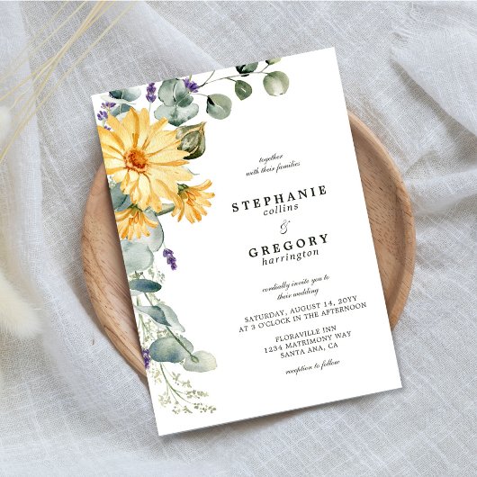 Invitation Aquarelle Eucalyptus Jaune Mariage Floral