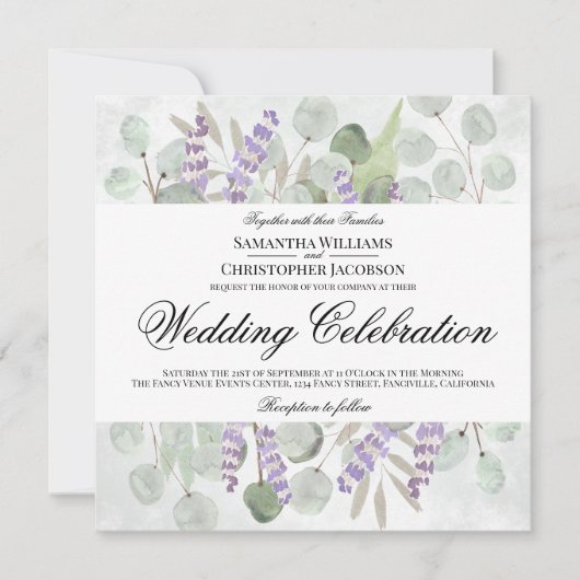Invitation Aquarelle Eucalyptus & Lavender Boho Mariage chic (Devant)