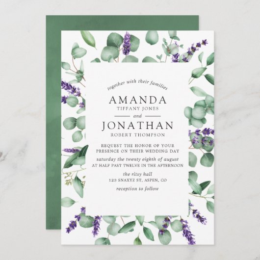 Invitation Aquarelle Eucalyptus Lavender Mariage de verdure (Devant / Derrière)