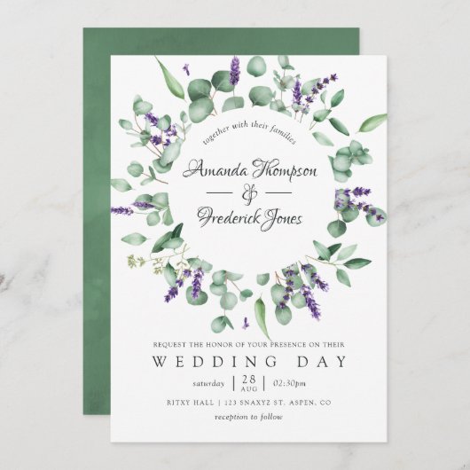 Invitation Aquarelle Eucalyptus Lavender Mariage de verdure (Devant / Derrière)