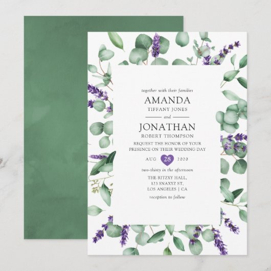 Invitation Aquarelle Eucalyptus Lavender Mariage de verdure (Devant / Derrière)