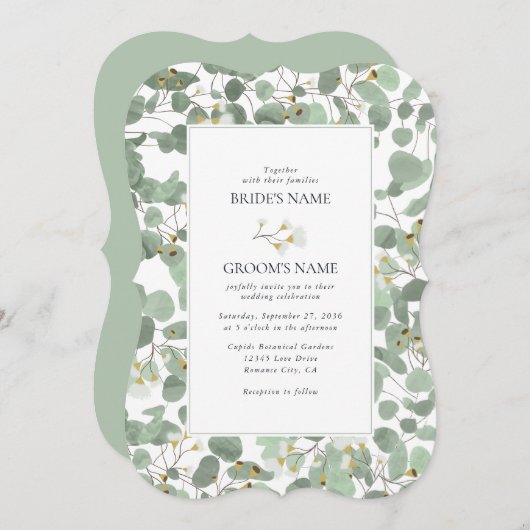Invitation Aquarelle Eucalyptus Mariage de fleurs vertes (Devant / Derrière)