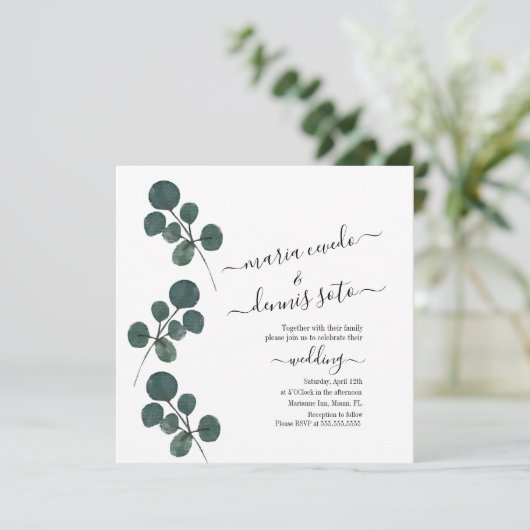Invitation Aquarelle Eucalyptus Mariage de script vert (Debout devant)