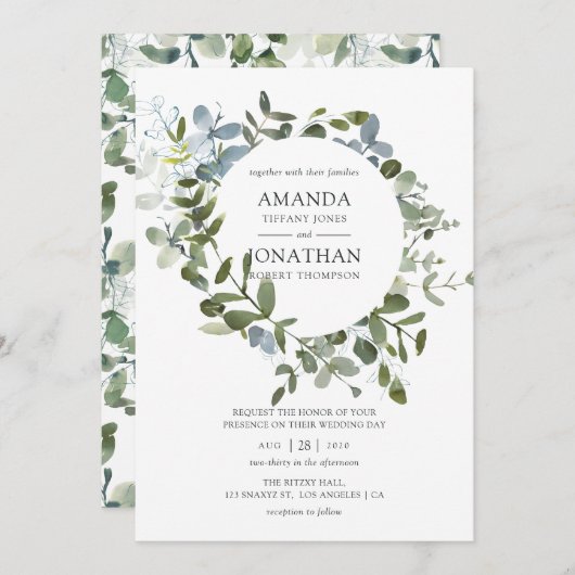 Invitation Aquarelle Eucalyptus Mariage de verdure (Devant / Derrière)