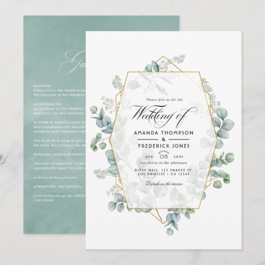 Invitation Aquarelle Eucalyptus Mariage géométrique (Devant / Derrière)