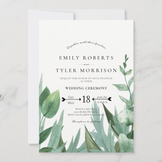 Invitation Aquarelle Eucalyptus Mariage vert verdoyant (Devant)