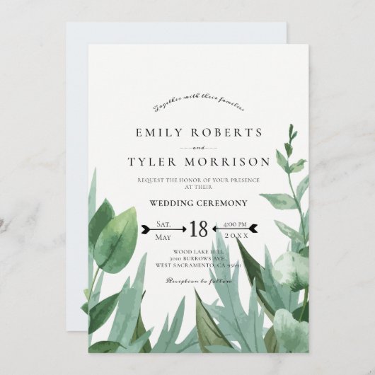 Invitation Aquarelle Eucalyptus Mariage vert verdoyant (Devant / Derrière)