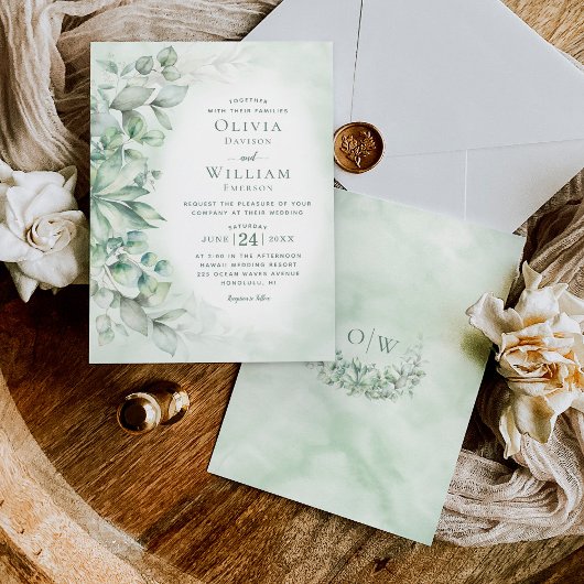 Invitation Aquarelle Eucalyptus Monogramme Sage Mariage vert