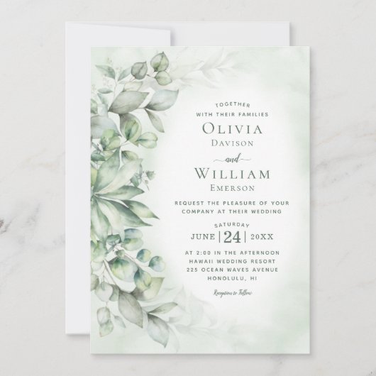 Invitation Aquarelle Eucalyptus Monogramme Sage Mariage vert (Devant)