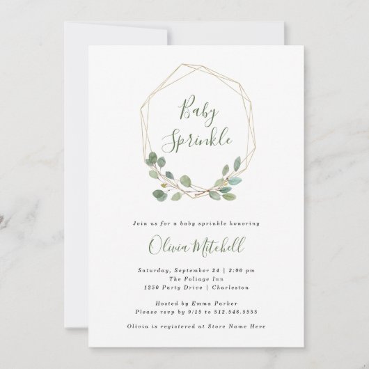Invitation Aquarelle Eucalyptus Or Géométrique Bébé Sprinkie (Devant)