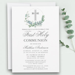 Invitation Aquarelle Eucalyptus Première Communion Argent