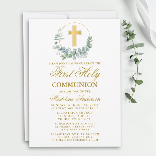 Invitation Aquarelle Eucalyptus Première Communion Or