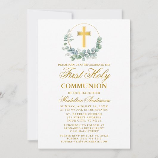 Invitation Aquarelle Eucalyptus Première Communion Or (Devant)