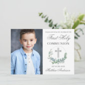 Invitation Aquarelle Eucalyptus première communion photo en a (Debout devant)