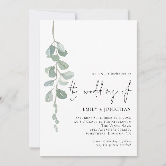 Invitation Aquarelle Eucalyptus QR Code Sage Mariage (Devant)