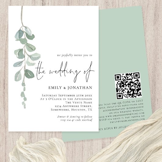 Invitation Aquarelle Eucalyptus QR Code Sage Mariage