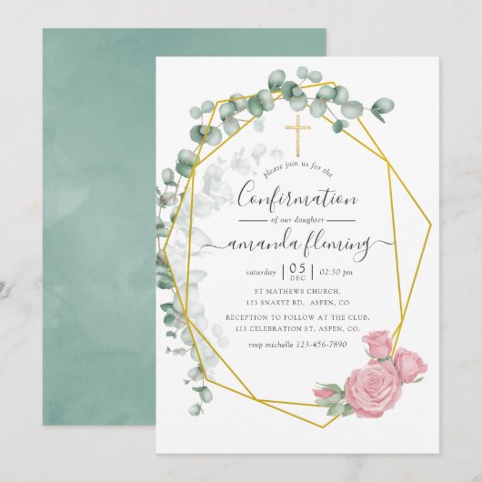 Invitation Aquarelle Eucalyptus Rose Confirmation géométrique (Devant / Derrière)