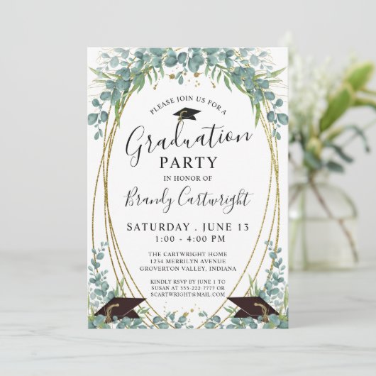 Invitation Aquarelle Eucalyptus Script Gold Frame (Debout devant)
