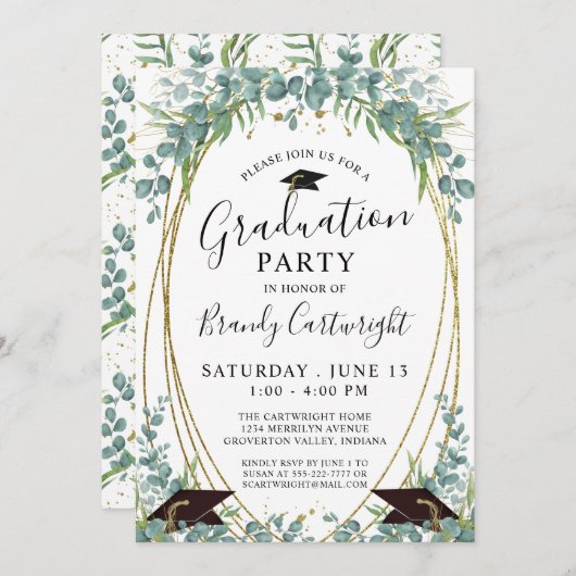 Invitation Aquarelle Eucalyptus Script Gold Frame (Devant / Derrière)