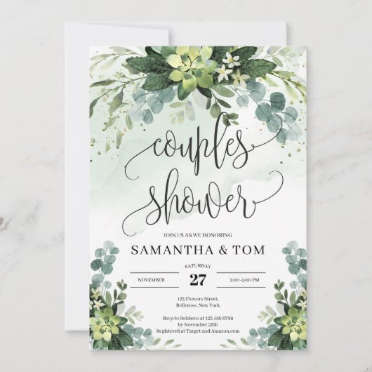 Invitation Aquarelle eucalyptus succulent couples douche (Devant)
