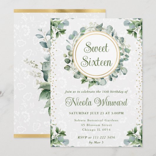Invitation Aquarelle Eucalyptus Sweet sixteen vert (Devant / Derrière)