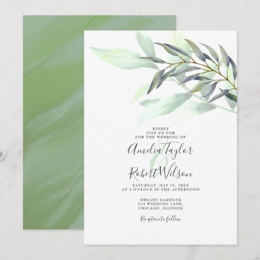 Invitation Aquarelle Eucalyptus Verdure (Devant / Derrière)