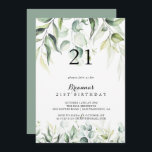 Invitation Aquarelle Eucalyptus Verdure 21e fête d'anniversai<br><div class="desc">Cette invitation à la fête de 21e anniversaire d'eucalyptus aquarelle est parfaite pour une fête d'anniversaire rustique. Cette conception artistique présente un feuillage vert d'eucalyptus dessiné à la main,  aquarelle,  inspirant la beauté naturelle.</div>