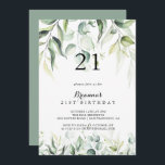 Invitation Aquarelle Eucalyptus Verdure 21e fête d'anniversai<br><div class="desc">Cette invitation à la fête de 21e anniversaire d'eucalyptus aquarelle est parfaite pour une fête d'anniversaire rustique. Cette conception artistique présente un feuillage vert d'eucalyptus dessiné à la main,  aquarelle,  inspirant la beauté naturelle.</div>