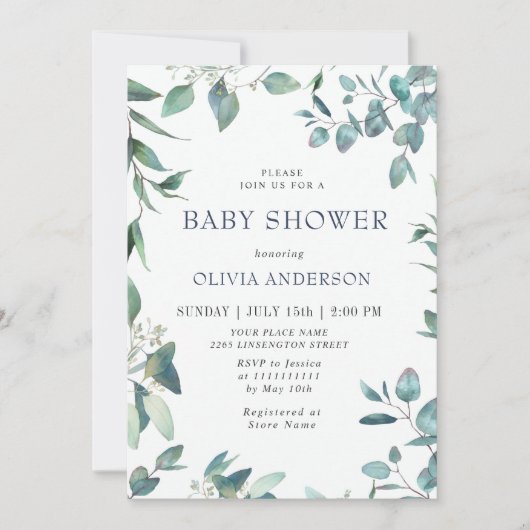 Invitation Aquarelle Eucalyptus Verdure Baby shower NEUTRE (Devant)