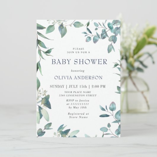 Invitation Aquarelle Eucalyptus Verdure Baby shower NEUTRE (Debout devant)