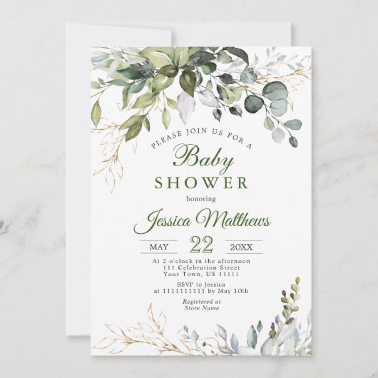 Invitation Aquarelle Eucalyptus Verdure Baby shower NEUTRE (Devant)