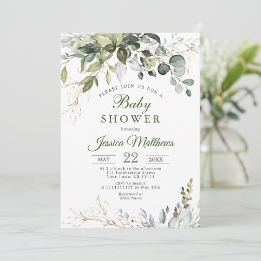Invitation Aquarelle Eucalyptus Verdure Baby shower NEUTRE (Debout devant)