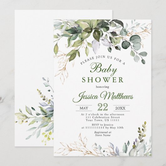Invitation Aquarelle Eucalyptus Verdure Baby shower NEUTRE (Devant / Derrière)