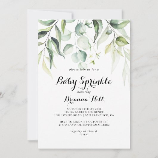 Invitation Aquarelle Eucalyptus Verdure Bébé Parsemer (Devant)