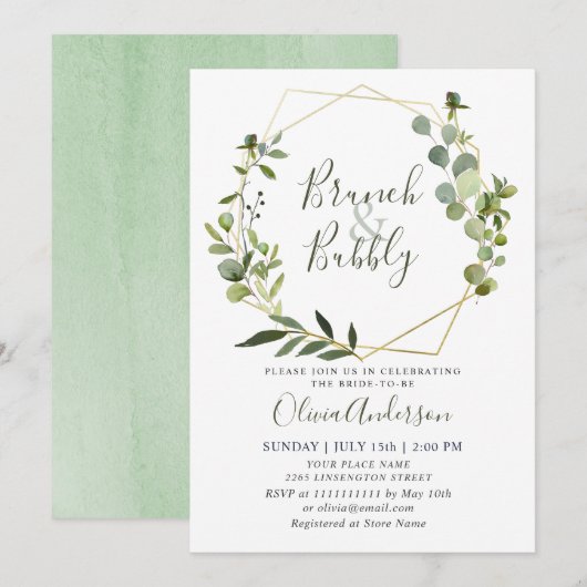 Invitation Aquarelle Eucalyptus Verdure BRUNCH BUBBLY (Devant / Derrière)