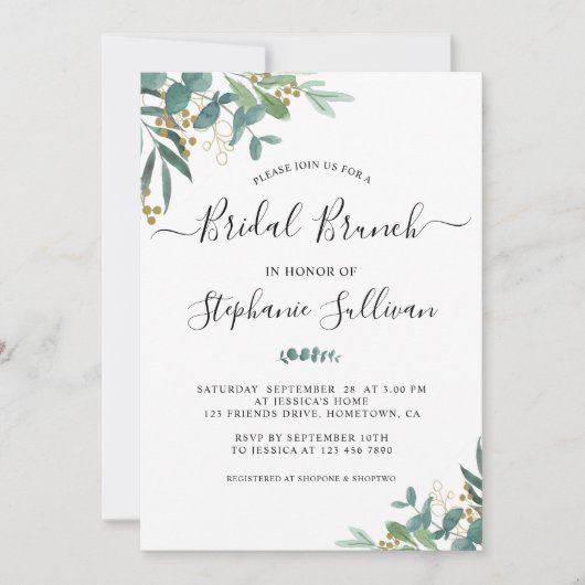 Invitation Aquarelle Eucalyptus Verdure Brunch nuptial (Devant)