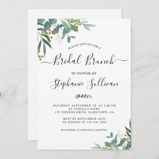 Invitation Aquarelle Eucalyptus Verdure Brunch nuptial (Devant / Derrière)
