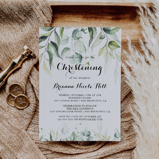 Invitation Aquarelle Eucalyptus Verdure Christening